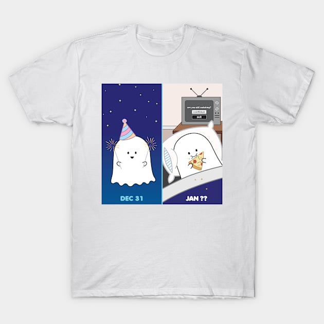 Gordie the Ghost (Dec 31 vs Jan) | by queenie's cards T-Shirt by queenie's cards